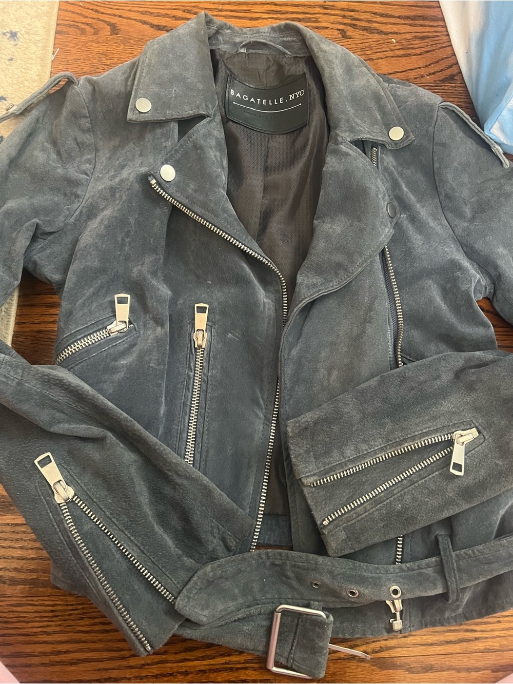 bagatelle Charcoal Gray Suede Moto Jacket with Silver Hardware